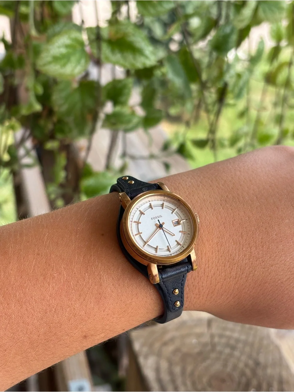 Fossil boyfriend rose Gold-Tone Round Watch with navy Leather Strap